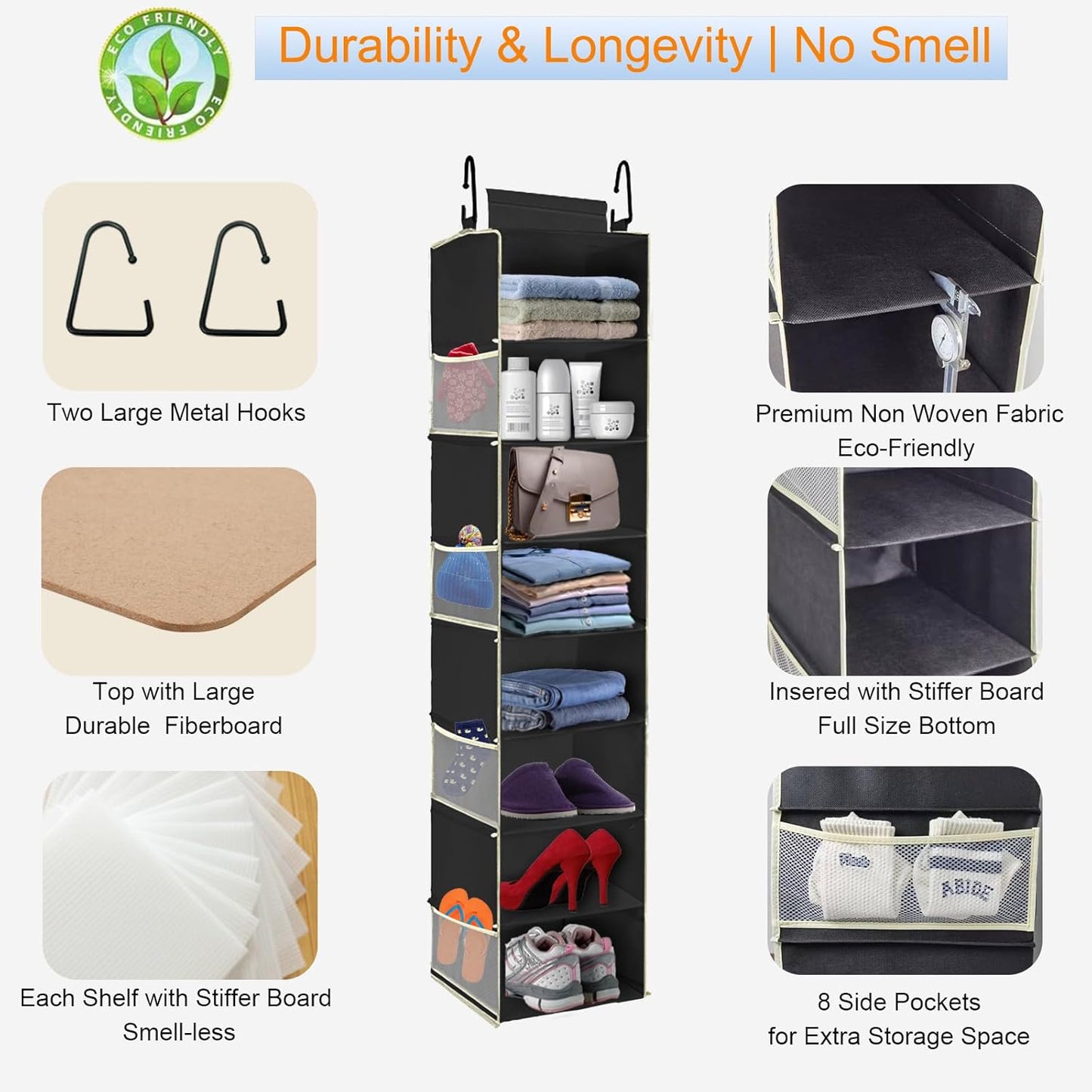 Large-Sized Hanging Shoe Organizer 8-Shelf, Hanging Closet Organizer with 8 Side Pockets, Wider Hanging Shelves for Storage Shoes Clothes 9" W × 11.8" D× 48" H, Grey