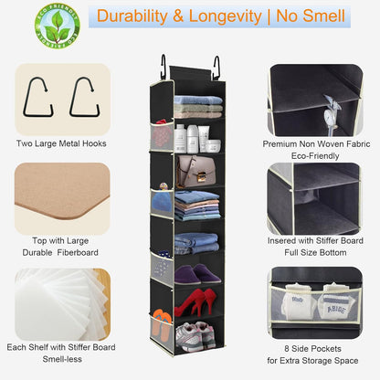 Large-Sized Hanging Shoe Organizer 8-Shelf, Hanging Closet Organizer with 8 Side Pockets, Wider Hanging Shelves for Storage Shoes Clothes 9" W × 11.8" D× 48" H, Grey