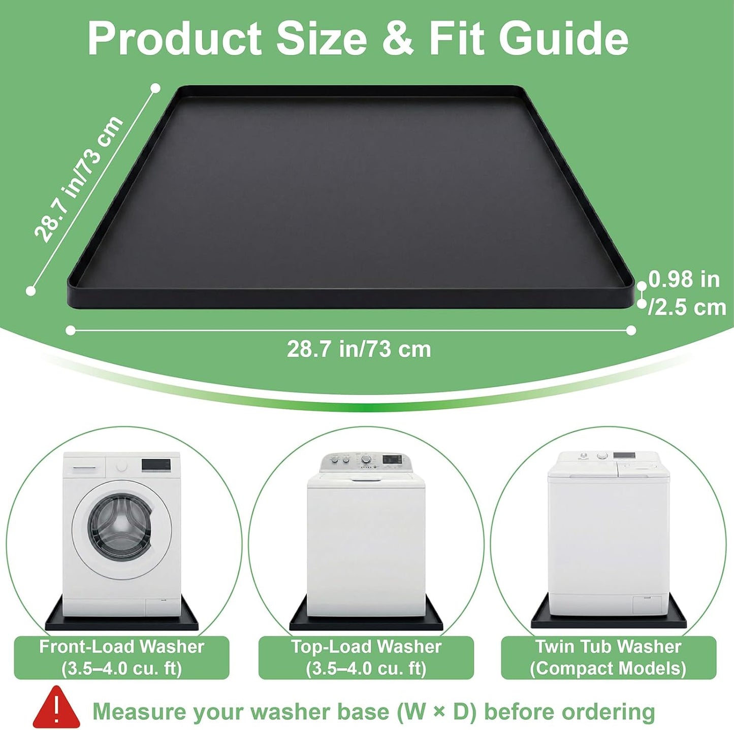27 x 27 Inch Washing Machine Drain Pan, Silicone Washer Pan, Black | 2cm Raised Waterproof Edge, Washer and Dryer Mat for Floor Protection, Fits Compact Washers Up to 3.5 Cu.Ft.