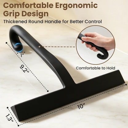 Shower Squeegee for Glass Doors - 10 Inch Bathroom Squeegee with Ergonomic Round Grip, Built-in Hook, Streak-Free No-Squeak Silicone Blade for Shower Glass, Tile Walls, Mirrors & Windows, Black