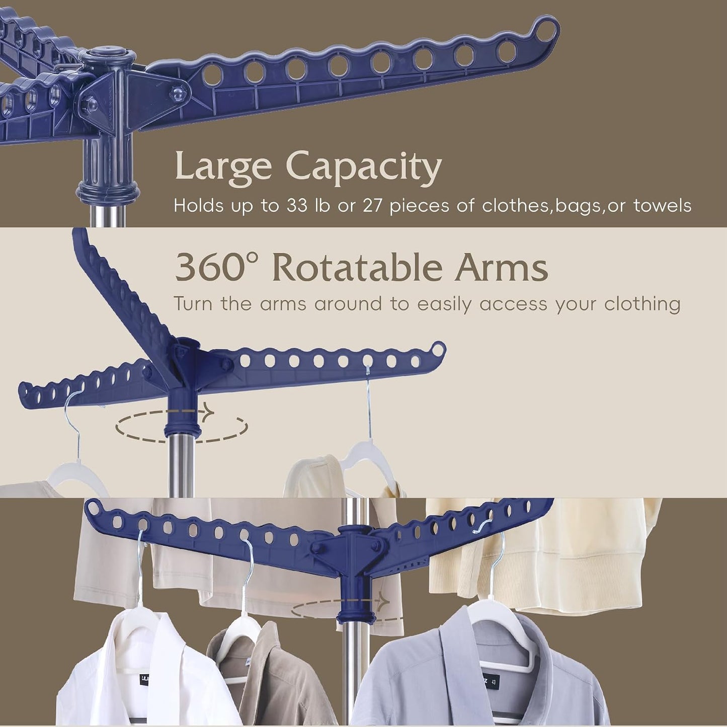 Beaudaily Clothes Drying Rack, Foldable 79.5-Inch Laundry Drying Rack,3 Tie, with Rotatable Arms, Stainless Steel, Holds 27 Clothes,8 Towels and 24 Clips for Hanging Socks, White and Silver