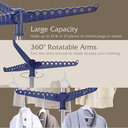 Beaudaily Clothes Drying Rack, Foldable 79.5-Inch Laundry Drying Rack,3 Tie, with Rotatable Arms, Stainless Steel, Holds 27 Clothes,8 Towels and 24 Clips for Hanging Socks, White and Silver