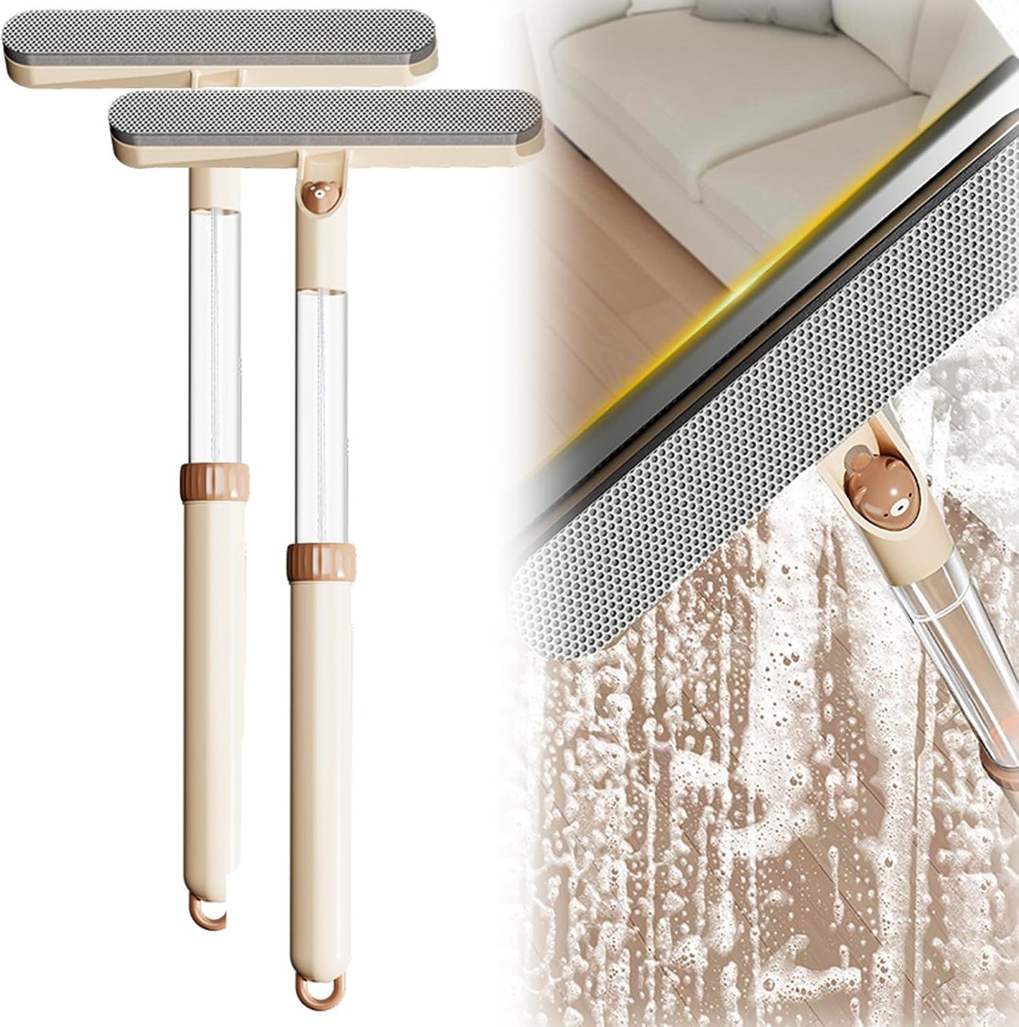 5-in-1 Double-Sided Window Screen Cleaning Brush， Multi-Purpose Cleaning Brush，with Retractable Handle and Built-in Crevice Brush, Dry and Wet Use， for Home, Office & Porch Screens (Khaki)