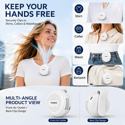 ColdBye Bladeless Shirt Clip Fan for Waist & Clothing, Wearable Personal Cooling Fan with 3 Speeds, USB-C Rechargeable Hands-Free Mini Portable Fan for Work, Travel, Camping & Outdoor Activities