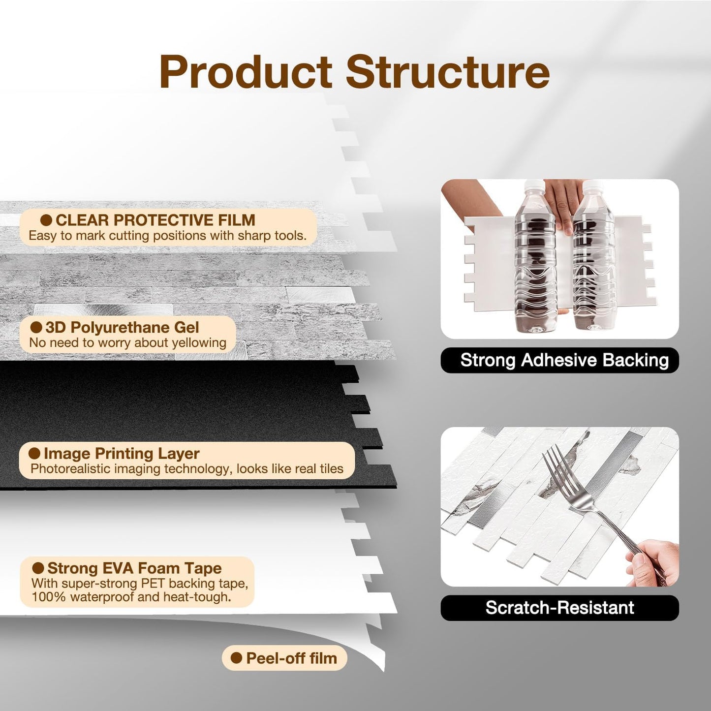 Peel and Stick Backsplash Tile Waterproof Removable PVC Wall Sticker 3D Faux Stone Marble Brick White Accent Panels (White Marble - Metal Silver, 20 Tiles - 9 sq. ft. (0.84 M²))