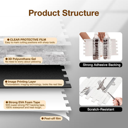 Peel and Stick Backsplash Tile Waterproof Removable PVC Wall Sticker 3D Faux Stone Marble Brick White Accent Panels (White Marble - Metal Silver, 20 Tiles - 9 sq. ft. (0.84 M²))