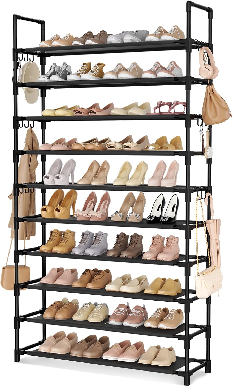 LANTEFUL 10 Tiers Tall Shoe Rack 20-25 Pairs Boots Organizer Storage Sturdy Narrow Shoe Shelf for Entryway, Closets with Hooks, Black