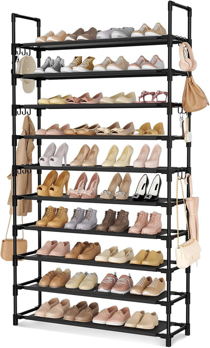 LANTEFUL 10 Tiers Tall Shoe Rack 20-25 Pairs Boots Organizer Storage Sturdy Narrow Shoe Shelf for Entryway, Closets with Hooks, Black