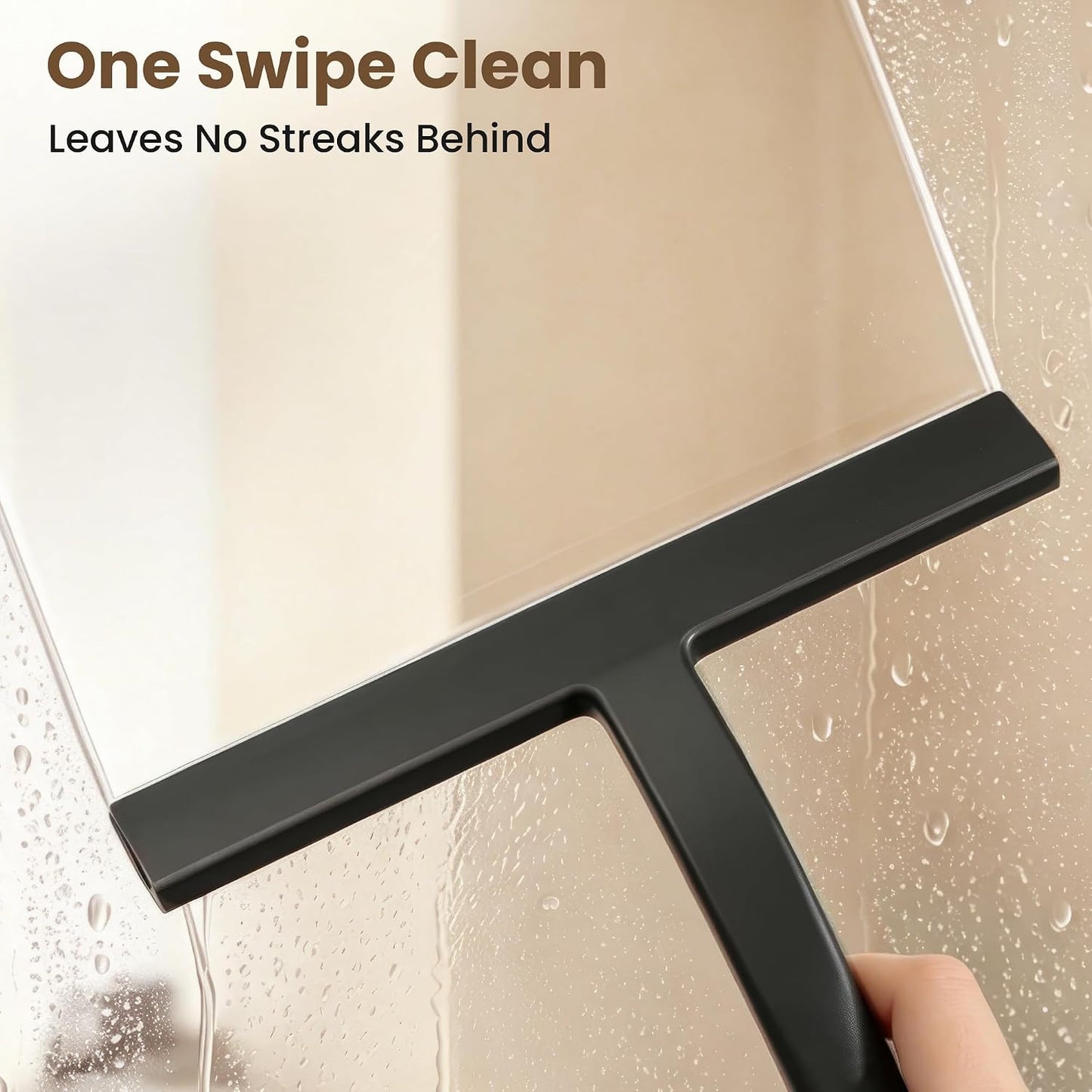 Shower Squeegee for Glass Doors - 10 Inch Bathroom Squeegee with Ergonomic Round Grip, Built-in Hook, Streak-Free No-Squeak Silicone Blade for Shower Glass, Tile Walls, Mirrors & Windows, Black