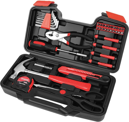 Flexzion 39 Piece Hand Tool Kits with Case - Compact Tool Kit for Handyman, Homeowners DIY - Household Tool Kit for Home with Portable Basic Tool Set Case, Pink