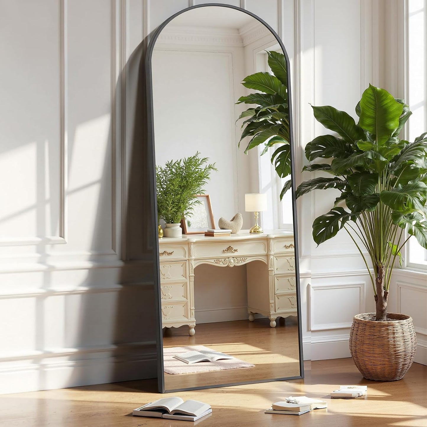 OLIXIS 64"x 21.5" Arched Mirror Full Length, Full Body Mirror with Stand, Hanging or Leaning for Wall, Floor Standing with Shatter-Proof Glass for Bedroom, Living Room, Long, Black