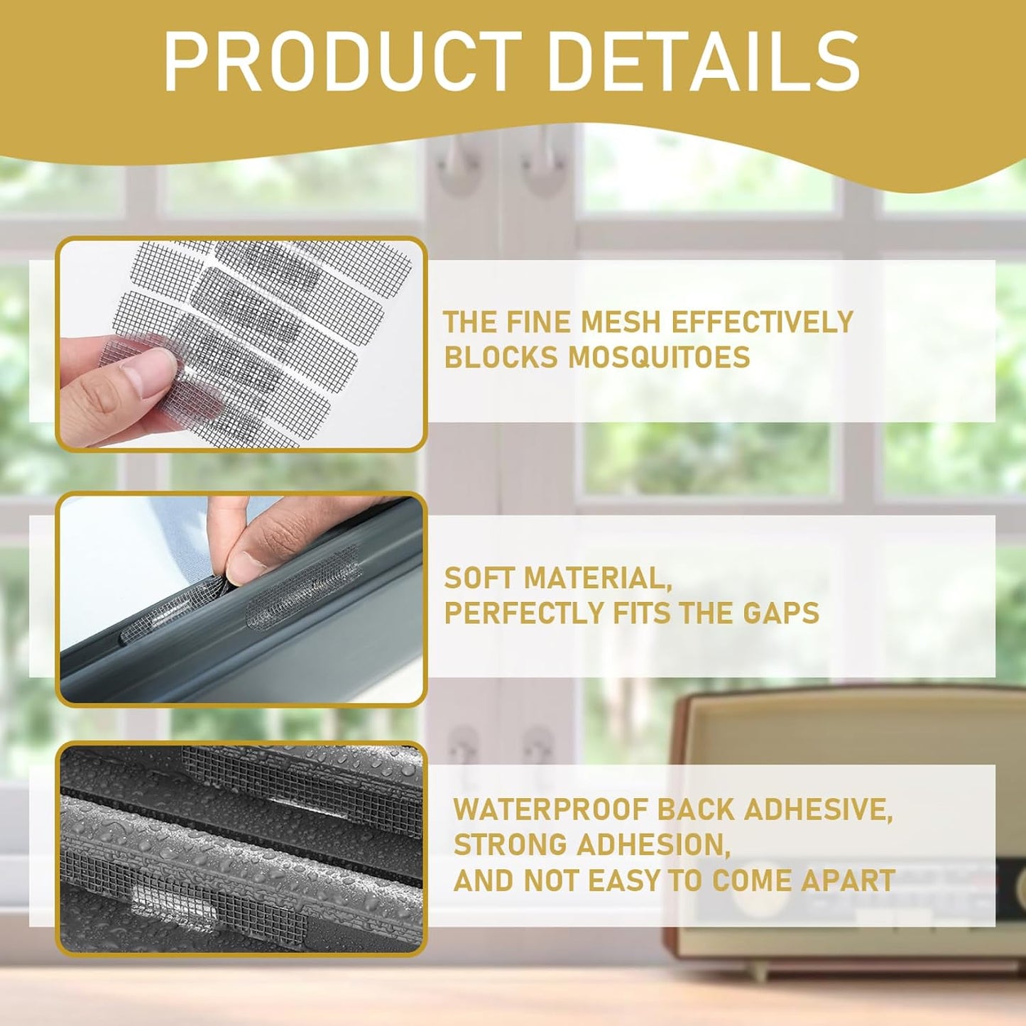 50Pcs Window Screen Patch, Waterproof Self-Adhesive Fiberglass Fine Mesh Weep Hole Covers Anti-Mosquito, Screen Repair Kit