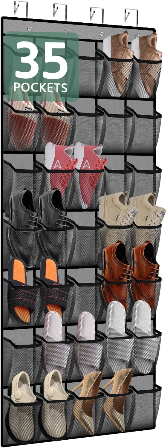 PAULONE 12 Pocket Over the Door Shoe Organizer,Reusable Breathable Large Mesh Bag Men's & Women's Sneaker Organizer,Shoe Organizer for Kids,Hanging Shoe Storage Hanging Bag (White)