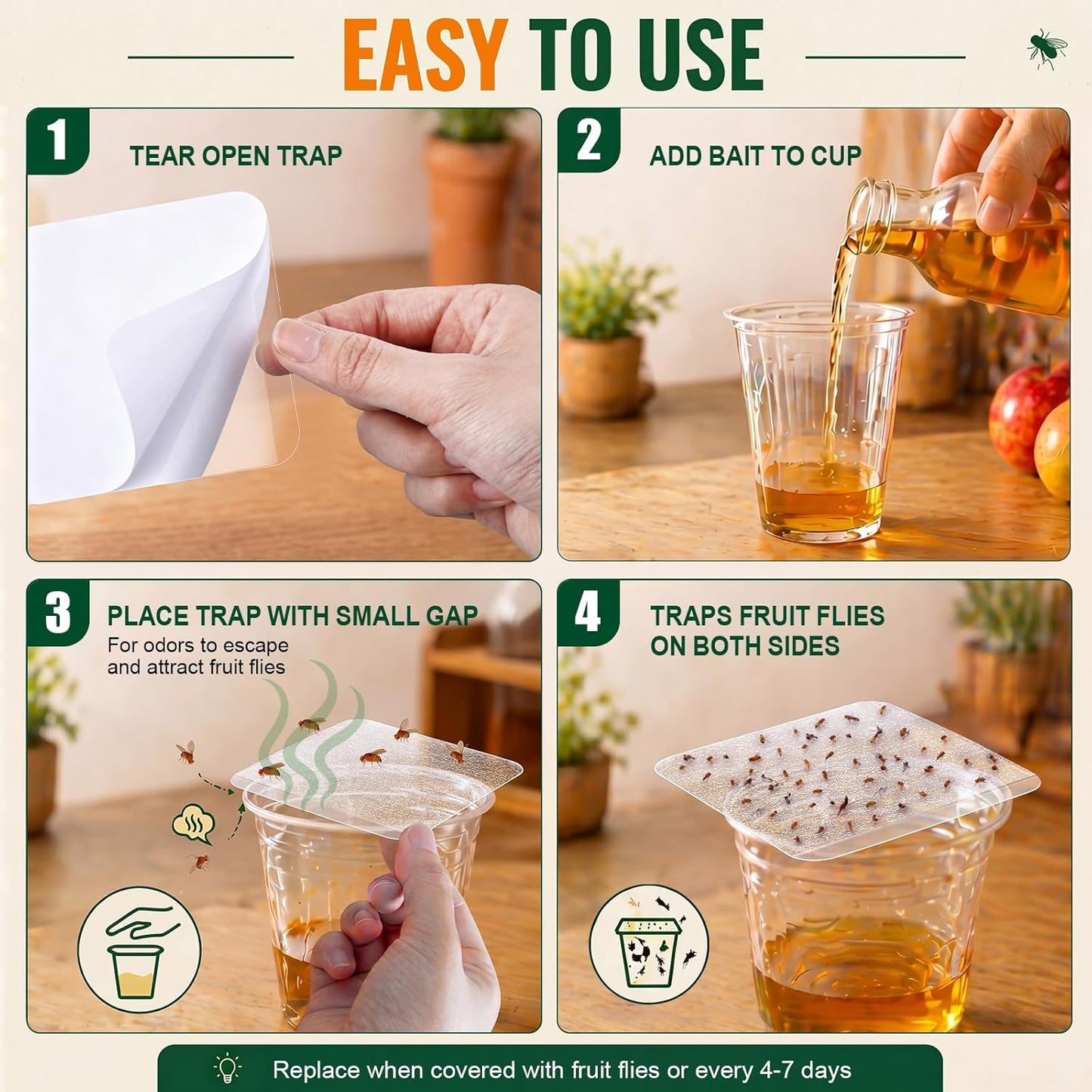 50 Pack Fruit Fly Trap Covers for Cup, Double-Sided Adhesive Cards for Fruit Flies & Gnats, Easy DIY Vinegar Trap for Kitchen Sink, Countertop & Dessert Bowl, Safe, Mess-Free, Indoor Use
