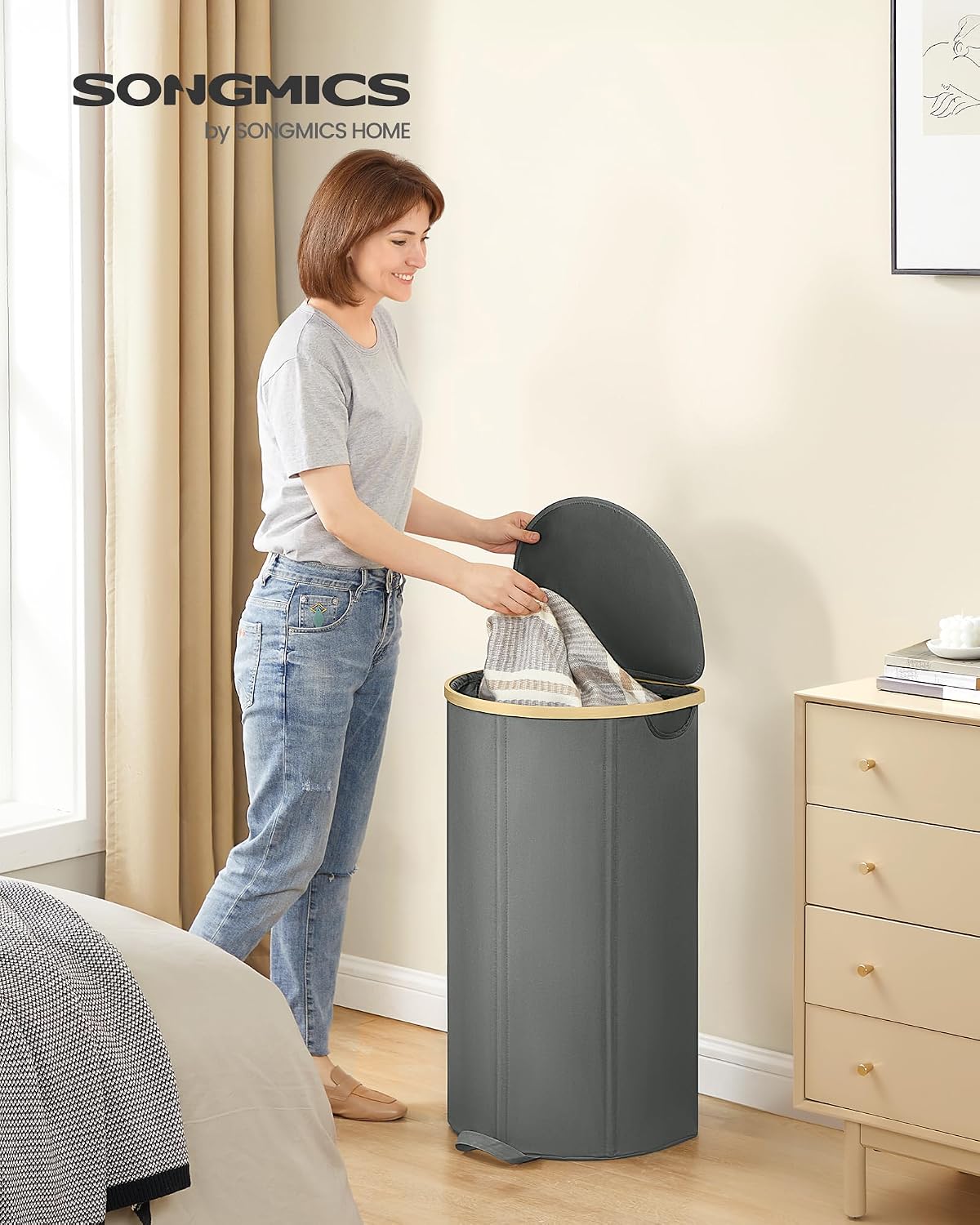 SONGMICS Laundry Hamper, Laundry Sorter with Lid, Storage Basket Bin, Removable Liners, Bamboo Frame, for Bedroom, 3 Sections, 44.9 Gal. (170 L), Ink Black ULCB533BH01