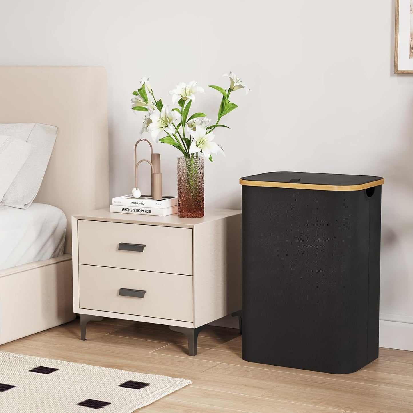 Lifewit 120L Laundry Basket with Lid, Clothes Hampers for Laundry with Bamboo Handles and 2 Removable Bag, Large Foldable Laundry Hamper for Bedroom, Bathroom, Dorm, Laundry Room, Beige