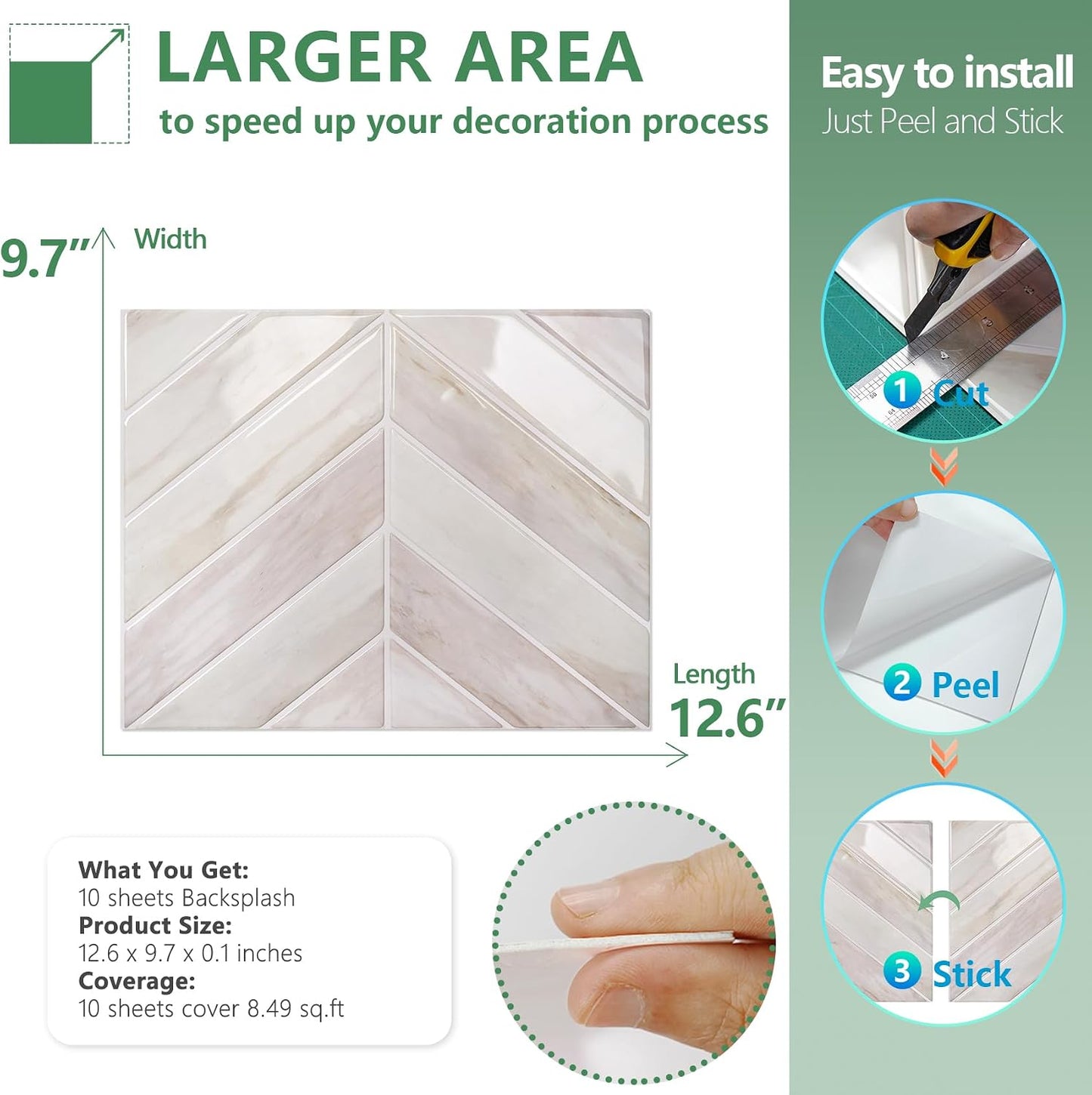 STICKGOO 10 Sheets Thicker Herringbone Peel and Stick Backsplash, 12.6”×9.7” Stick on Wall Tiles, Self Adhesive Tile Sticker for Kitchen Backsplash and Bathroom, White with Grey Grout