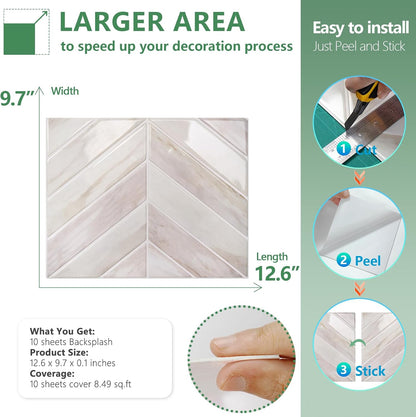 STICKGOO 10 Sheets Thicker Herringbone Peel and Stick Backsplash, 12.6”×9.7” Stick on Wall Tiles, Self Adhesive Tile Sticker for Kitchen Backsplash and Bathroom, White with Grey Grout