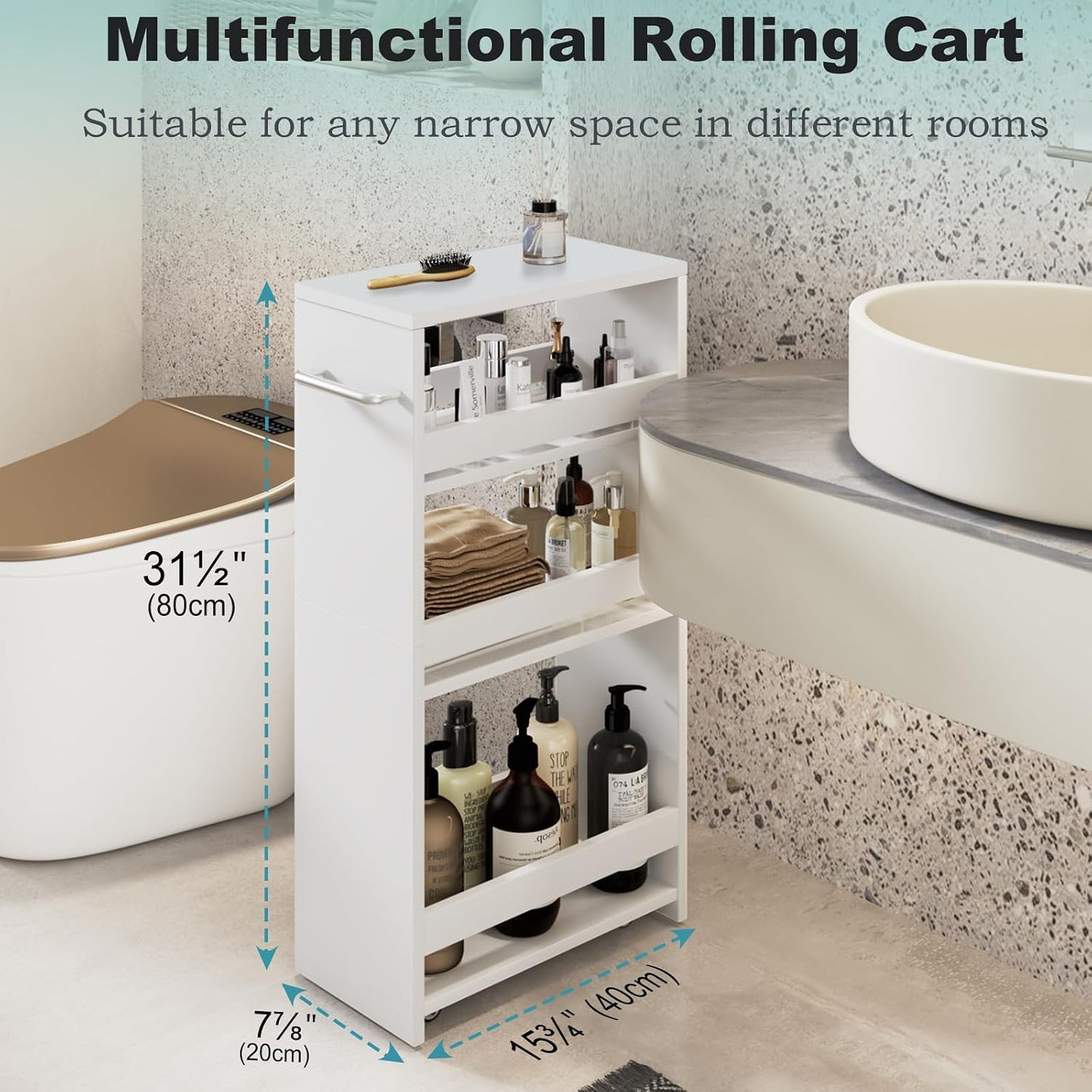 MARTY Slim Rolling Storage Cart 4-Tier Kitchen Cart with Wheels, Laundry Room Storage with Handle Slide Out Utility Cart Shelving Unit Organizer Trolley for Narrow Places Bathroom Small Corner, Black