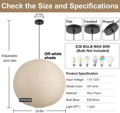 Large Rice Paper Pendant Light Kit, 20in White Globe Paper Lantern Lights, E26 Base, Japanese Hanging Lantern Lamp Japandi Chandelier for Dining Room Bedroom Office Living Room