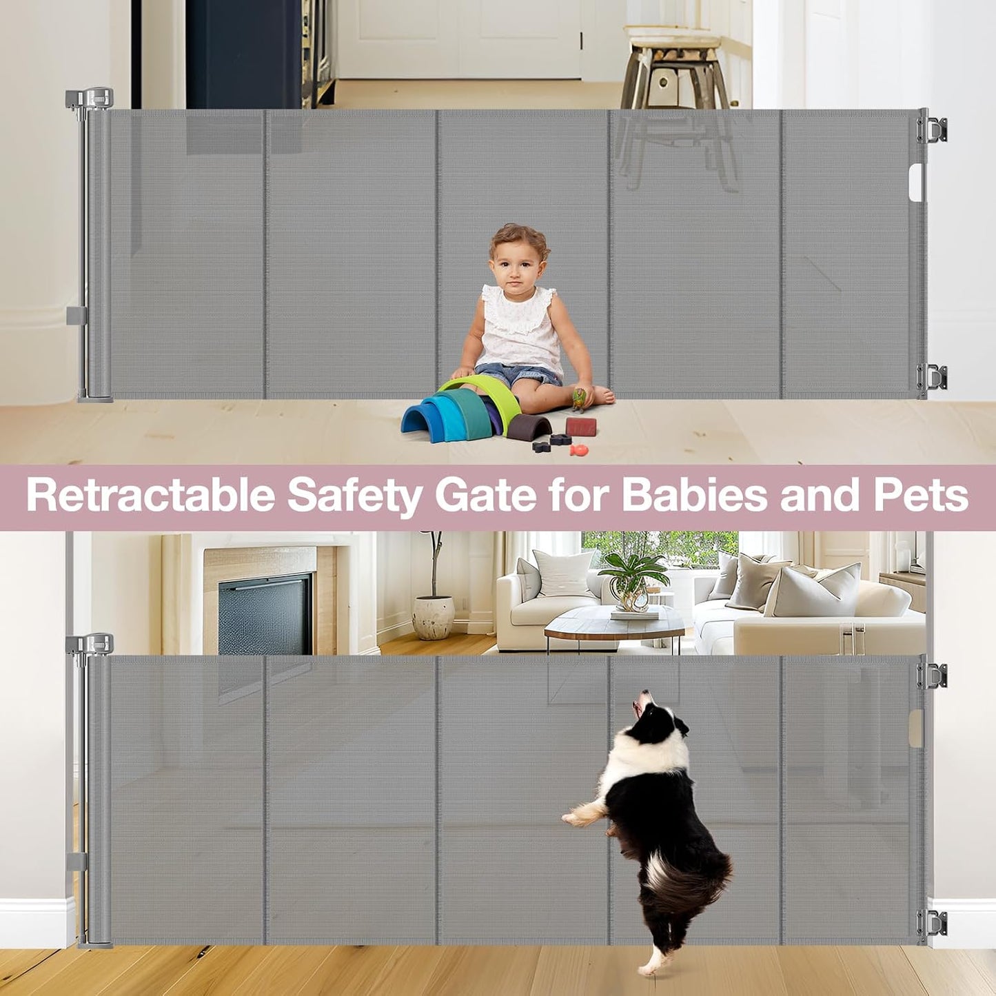 Reinforced 72" Wide Retractable Dog Gate with Support Rods - Prevent Crawling Under Extra Wide Baby Gate Retractable Gate Outdoor, Retractable Pet Gate Long Dog Gate, Mesh Gates for Kids or Pets, Gray