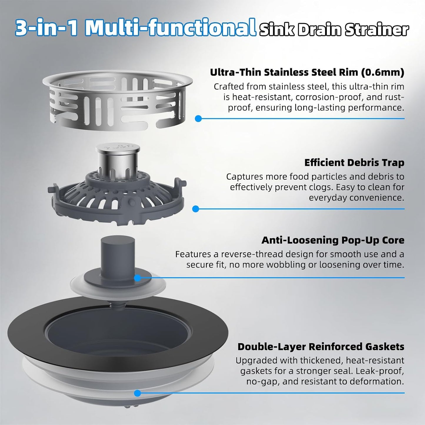 Hibbent Upgraded 3 in 1 Kitchen Sink Drain Strainer, Stainless Steel Pop Up Sink Stopper, Larger Anti-Clogging Basket, 3-Layer Seal, Detachable Drain Plug for US Standard 3-1/2" Drain, Brushed Nickel