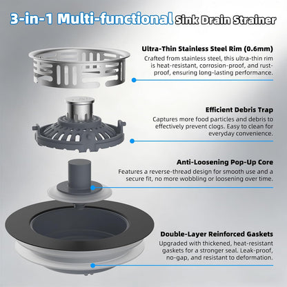 Hibbent Upgraded 3 in 1 Kitchen Sink Drain Strainer, Stainless Steel Pop Up Sink Stopper, Larger Anti-Clogging Basket, 3-Layer Seal, Detachable Drain Plug for US Standard 3-1/2" Drain, Brushed Nickel