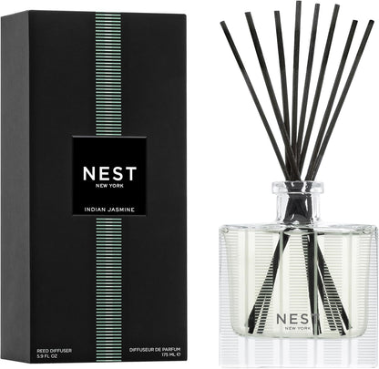NEST New York Reed Diffuser, Moroccan Amber - 5.9 fl oz - Fragrance for Up to 90 Days - Reusable, Refillable Glass Holder - Includes 8 All-Natural Reed Sticks - Flame Free