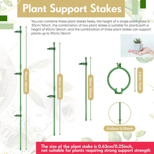 meekoo 12 Pcs 12 Inch Adjustable Plant Support Stakes for Indoor Outdoor Garden Orchid Stick Single Stem Plant Cage Support Rings with Clips and Connect Pipe for Tomato Flowers, Potted Plants (Green)
