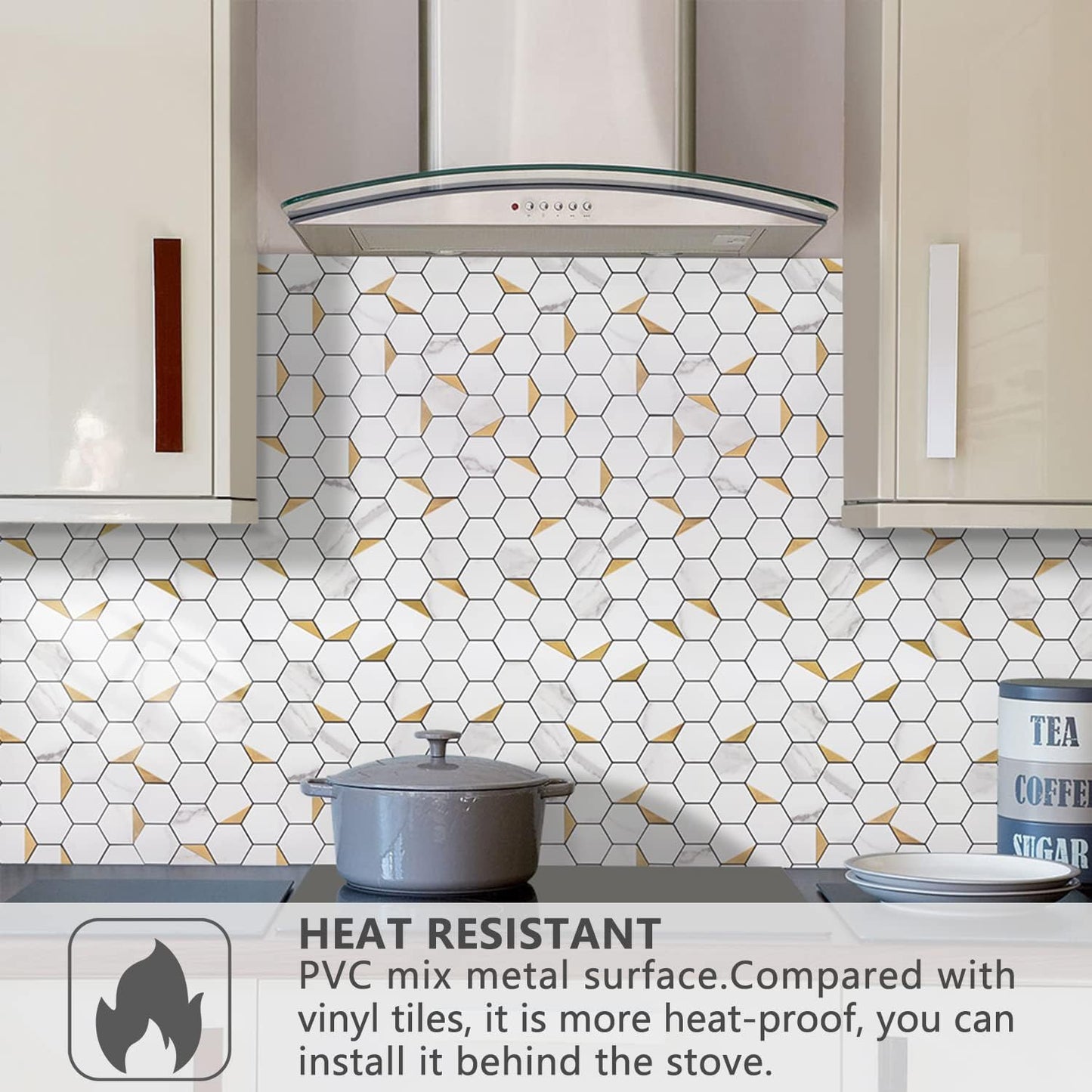 STICKGOO Peel and Stick Backsplash for Kitchen, Self-Adhesive Tile Hexagon Mosaic Tiles (10 Sheets, White Marble with Metal Gold )
