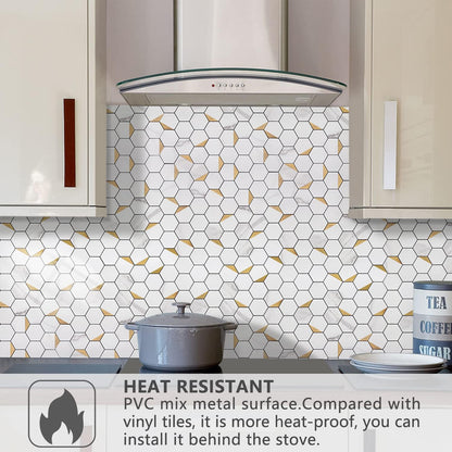 STICKGOO Peel and Stick Backsplash for Kitchen, Self-Adhesive Tile Hexagon Mosaic Tiles (10 Sheets, White Marble with Metal Gold )