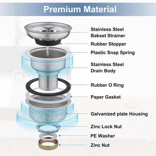 ZM Kitchen Sink Stainless Steel Basket Strainer with Drain Assembly, 3-1/2 Inch Sink Drain Stopper Plug