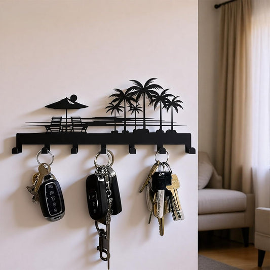 Tropical Style Key Holder Wall Mount with 7 Hooks, Key Hanger Organizer for Front Door, Hallway, Entryway & Office Decor, Featuring Sunset and Coconut Tree Design