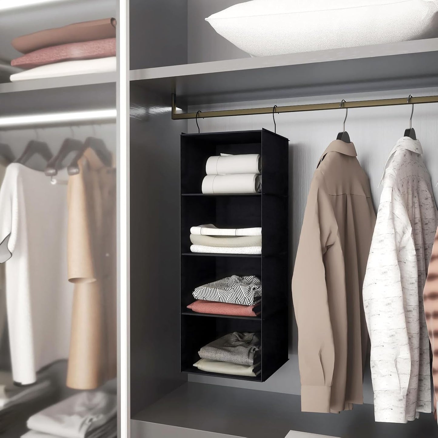 Hanging Closet Organizer 3-Shelf, Oxford Fabric Wardrobe Storage, Gray | Easy-mount foldable design holds clothes, handbags, shoes & accessories; washable Oxford fabric, sturdy and space-saving.