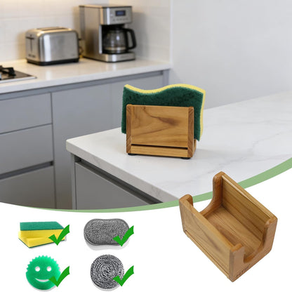 HTB Sponge Holder for Kitchen Sink,Teak Wood Dish Sponge Caddy Rack Tray Stand with Drain,Kitchen Sink Storage Organizer Countertop