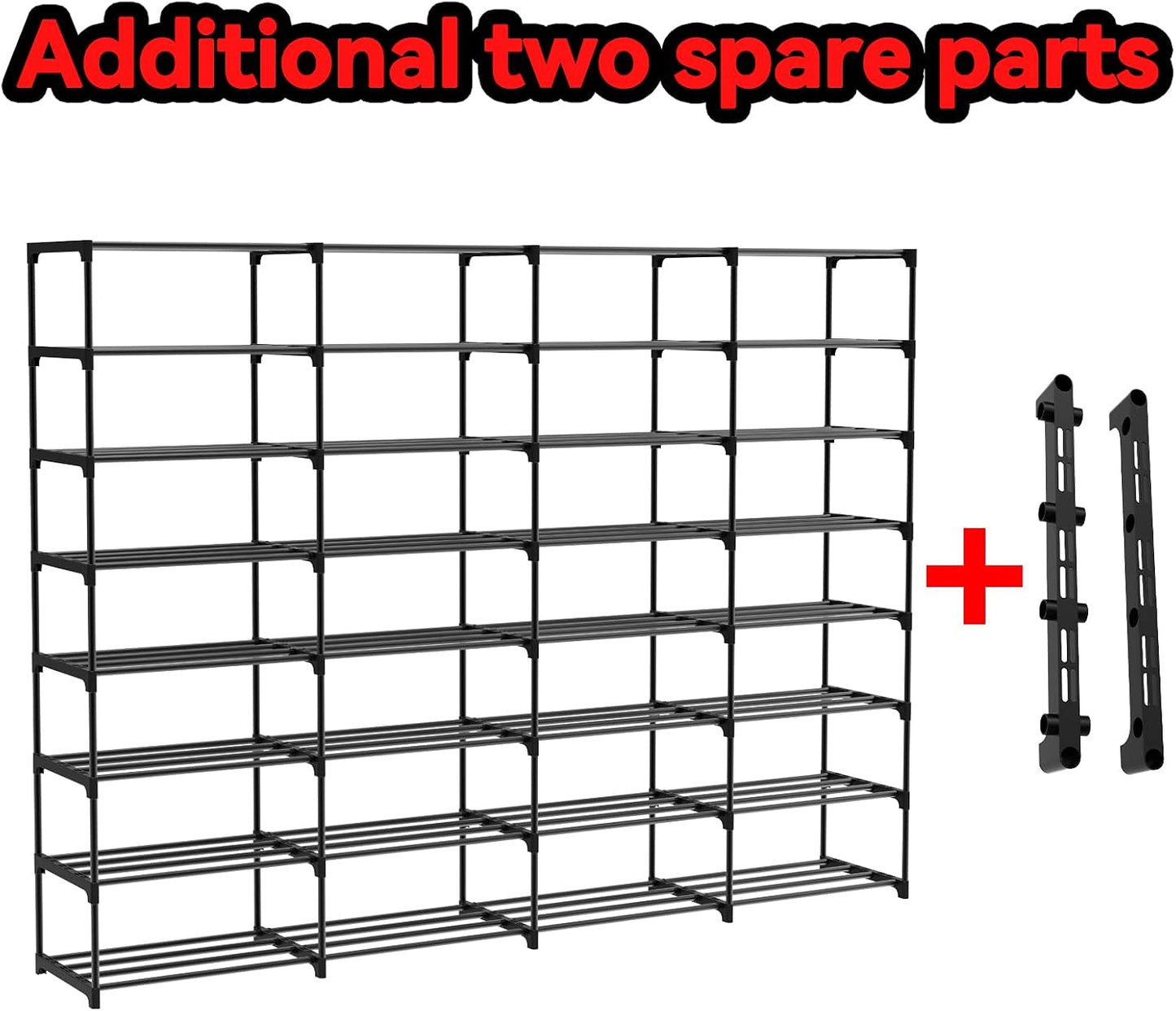 3 Row 4 Tier Long Shoe Rack, Black Metal Stackable Shoe Shelf with Multifunctional Hooks, Shoe Storage Hold 24-30 Pairs, Space Saving Shoe Organizer for Closet,Wide Shoe Rack