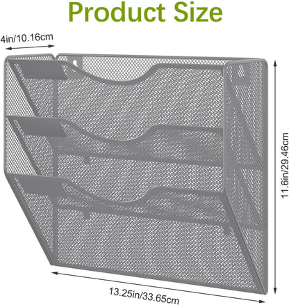 EasyPAG 5 Pocket Mesh Wall File Organizer with Key Hooks, Hanging Paper Folder Holder with Classify Label, Vertical Wall Mount Mail Organizer for Office Home Classroom, Black