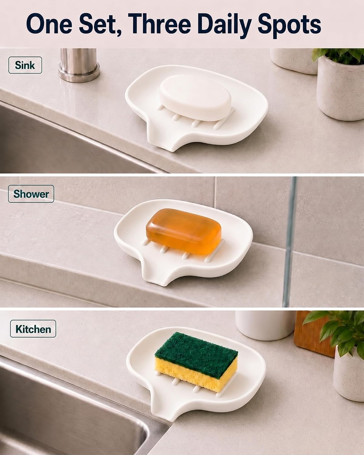 3 Pack Silicone Soap Dish with Drain, Bar Soap Holder for Shower/Bathroom, Self Draining Waterfall Soap Tray/Saver for Kitchen, Keep Soap Dry, Easy to Clean