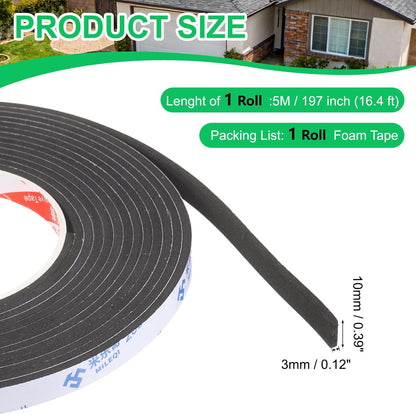 PATIKIL Sponge Rubber Foam Tape, 5/8" W x 1/8" t x 16.4ft l Self-Adhesive Foam Insulation Tape Weather Stripping for Window Door Soundproofing Weatherstrip AC Seal Strip, Black