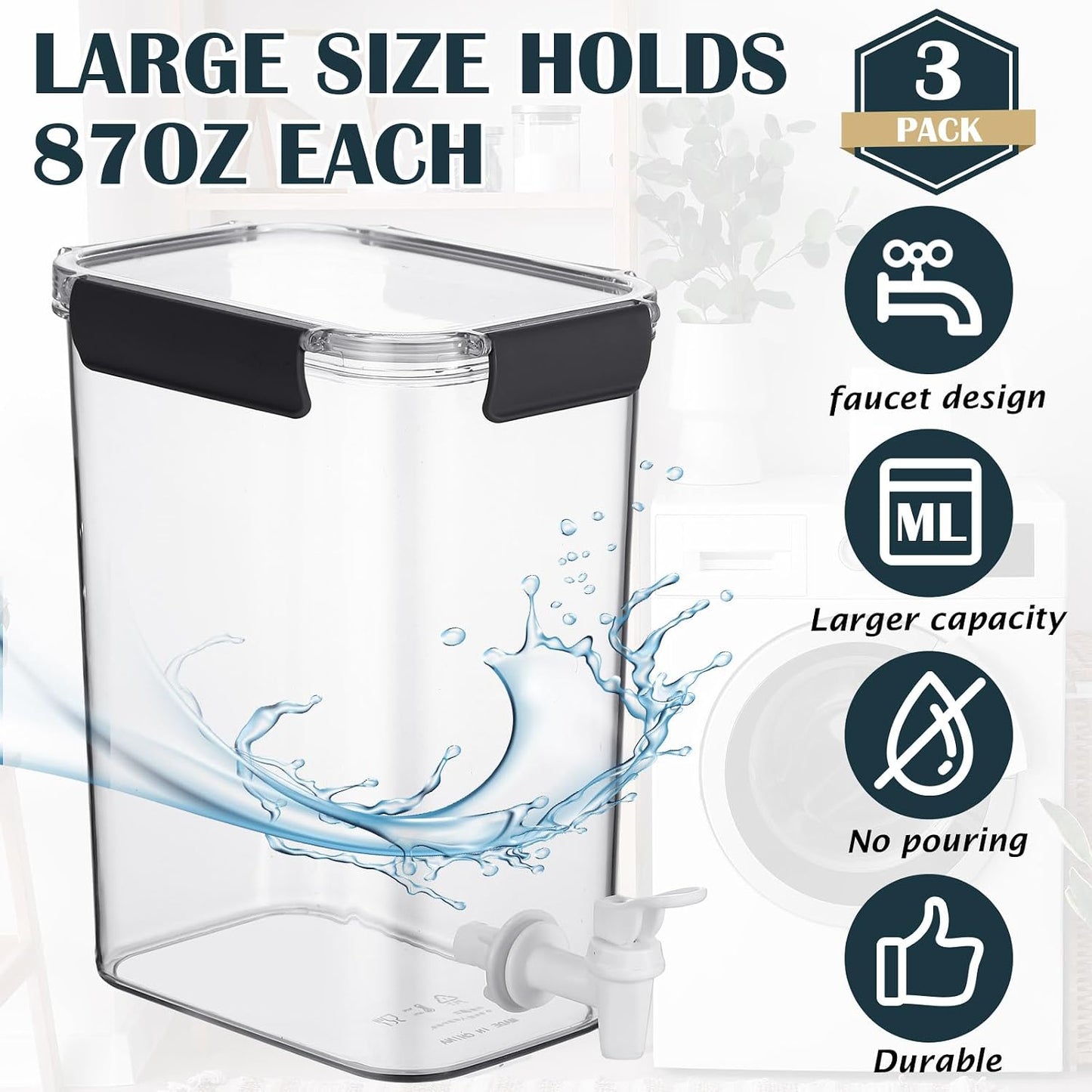 Soaoo 3 Set 67.6 oz Liquid Laundry Detergent Dispenser with Faucet and Cup Holder Labels Plastic Fabric Softener Container Detergent Drip Catcher for Laundry Room Washing Soap