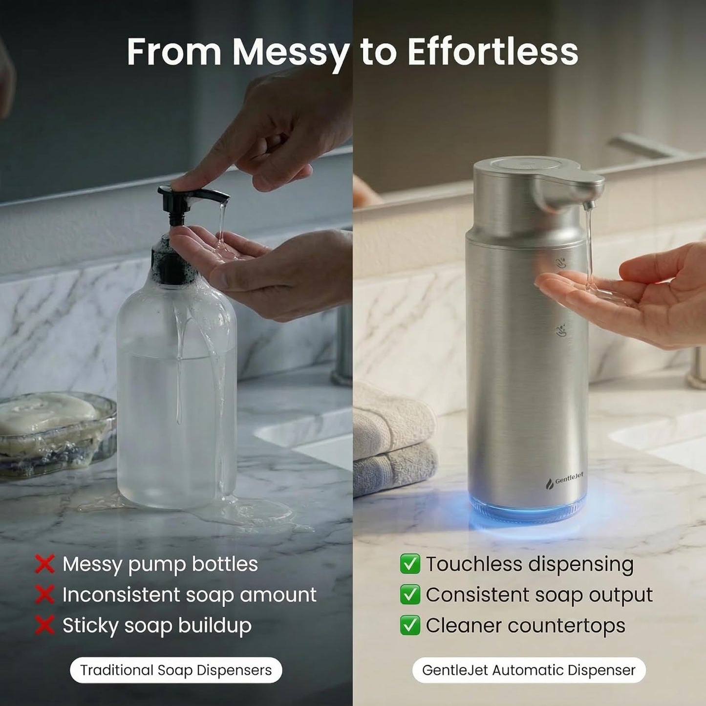 GentleJet CrystalJet Automatic Liquid Soap Dispenser – Touchless Sensor, Stainless Steel, USB-C Rechargeable, Waterproof Kitchen & Bathroom Countertop Soap Dispenser, 300 ml