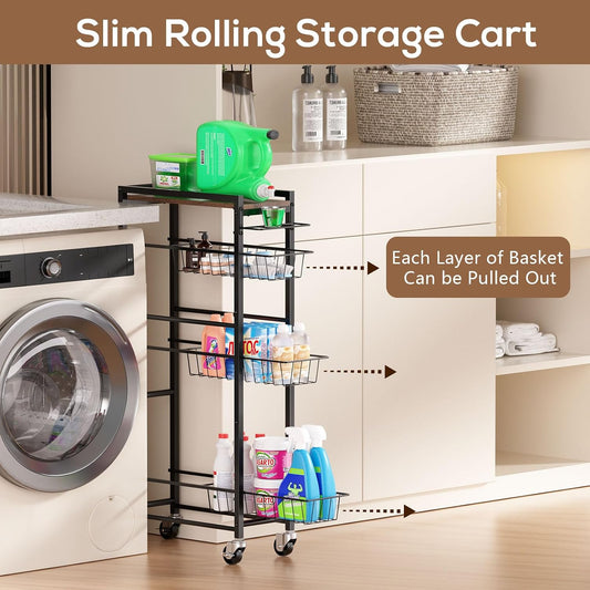 4 Tier Slim Rolling Storage Cart with Pull-Out Baskets, Narrow Sliding Storage Slim Laundry Cart Slim Rolling Kitchen Cart