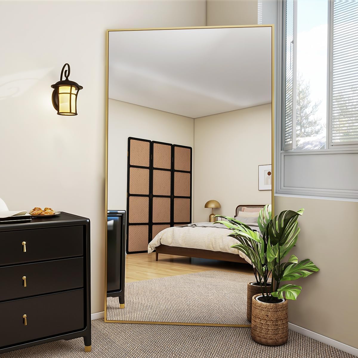 VooBang Mirror Full Length - 21" x 57" Floor Mirror with Stand, Aluminum Alloy Frame Full Body Mirror, Standing Hanging or Leaning Against Wall for Bedroom and Living Room, Black