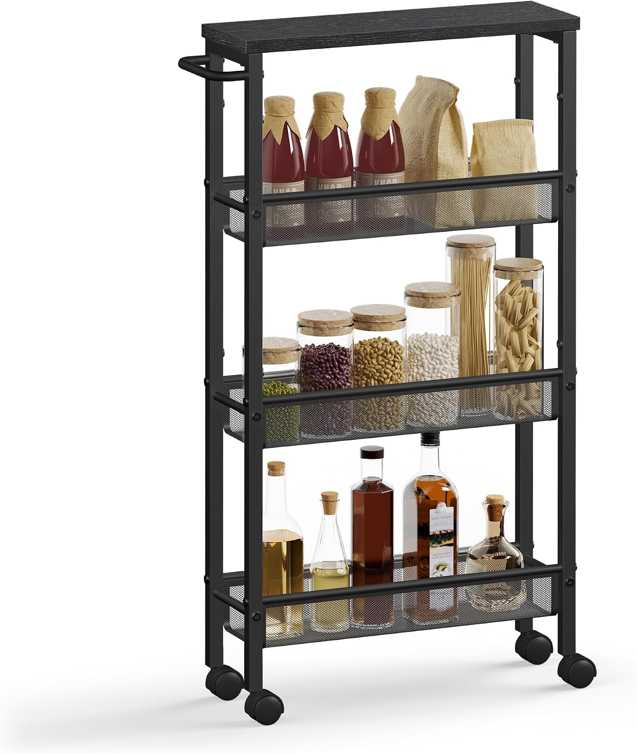 VASAGLE Slim Rolling Cart, 4-Tier Narrow Storage Cart with Handle, 5.1 Inches Deep, Metal Frame, for Kitchen, Dining Room, Living Room, Home Office, Rustic Brown and Classic Black ULRC032B01V1