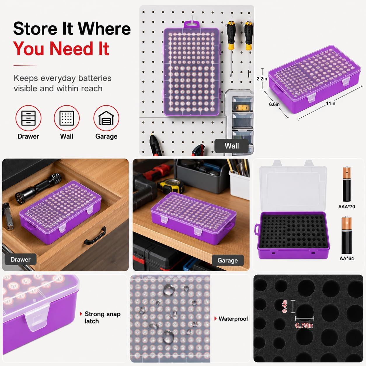 Xuerdon Battery Organizer Case with BT168 Tester 120+ Batteries Storage Box | Clear Plastic Battery Box Holds 49AA 51AAA 10CR2032 10CR1632 Batteries, Wall Mount Drawer Organizer Batteries not Included