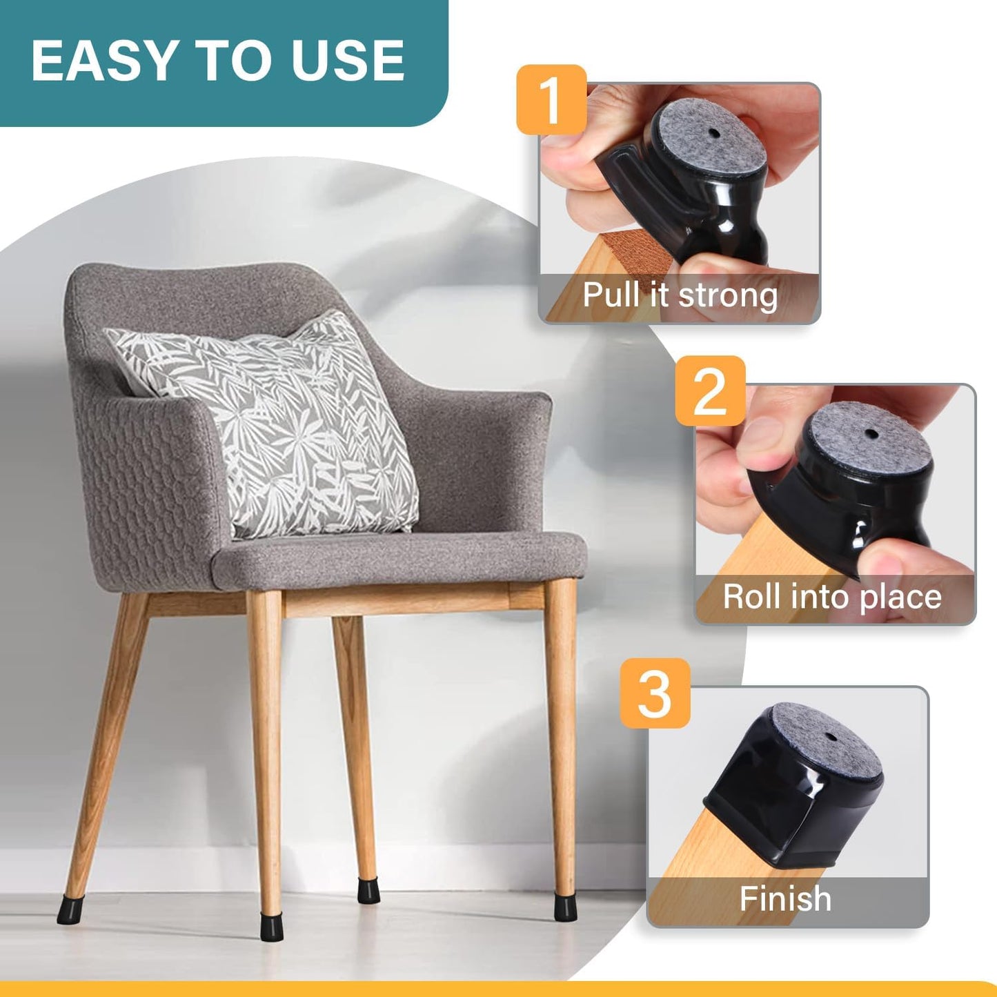 Ansible 24 Pcs Chair Leg Floor Protectors Square, Silicone Felt Furniture Leg Pads Caps Covers for Hardwood Floors (Fit:1-1/16" to 1-5/8")