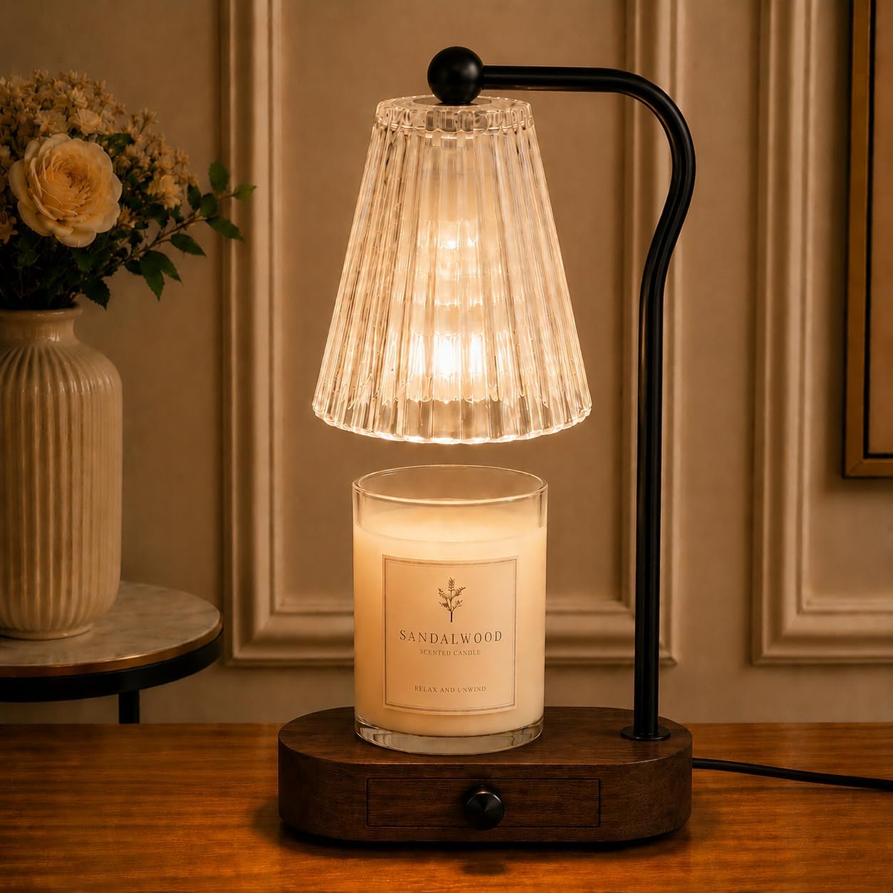 Candle Warmer Lamp with Timer & Dimmer, Natural Wooden Base with Drawer, Gold-Tone Metal Stand, Extra Bulb Included, Candle Warming Lamp, Electric Candle Wax Warmer