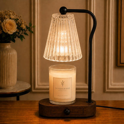 Candle Warmer Lamp with Timer & Dimmer, Natural Wooden Base with Drawer, Gold-Tone Metal Stand, Extra Bulb Included, Candle Warming Lamp, Electric Candle Wax Warmer