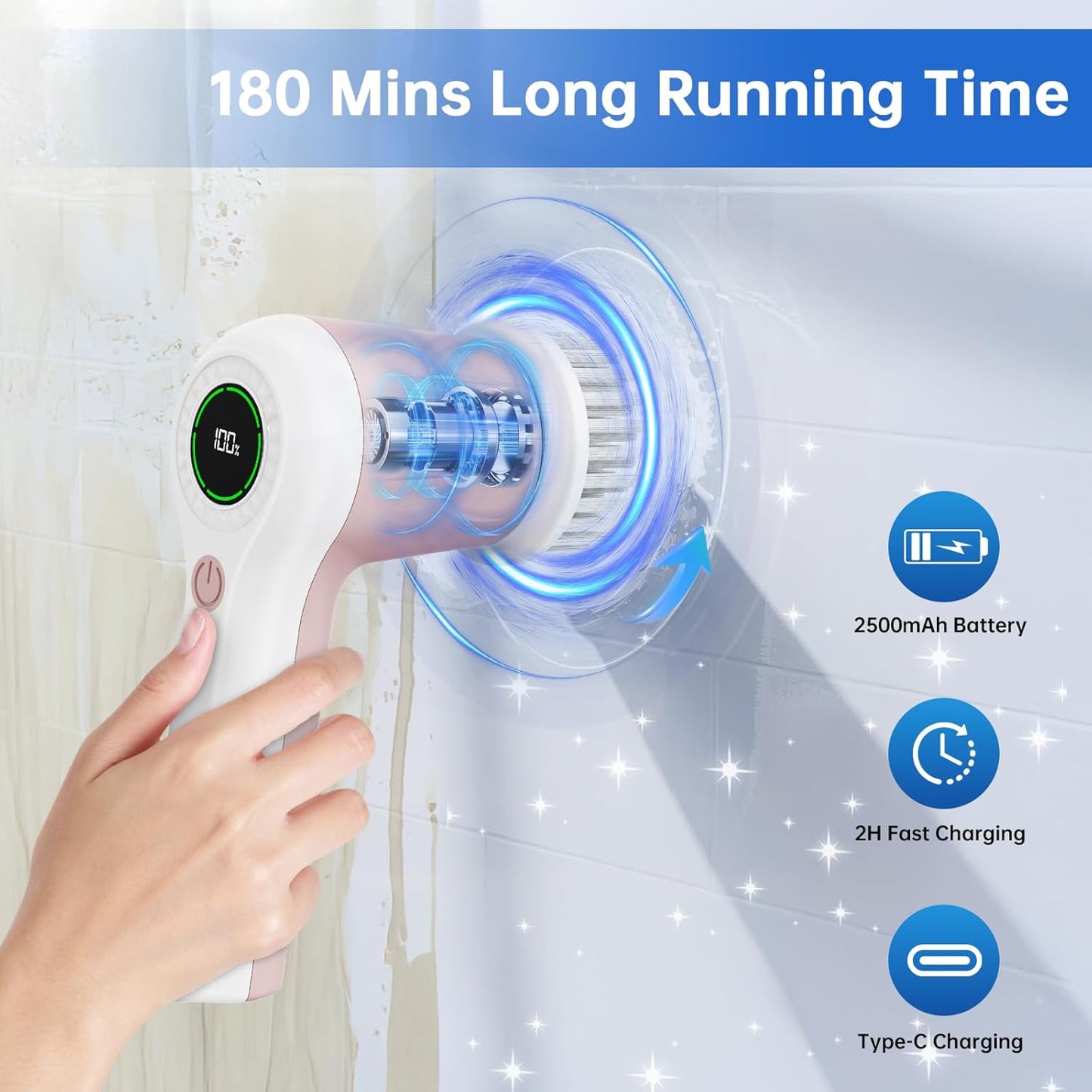 PUFTEM Electric Spin Scrubber, Cordless Shower Scrubber with Battery Level Display, 2 Speeds Electric Scrubber for Cleaning with 6 Replaceable Heads, Cleaning Brush for Bathroom/Sink/Window