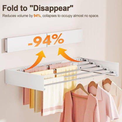 Wall Mounted Clothes Drying Rack Folding Indoor, Foldable Laundry Drying Rack Collapsible,Invisible, Space Saving, Retractable Towel Drying Rack, with Wall Template(5 Drying Rods, White 32")
